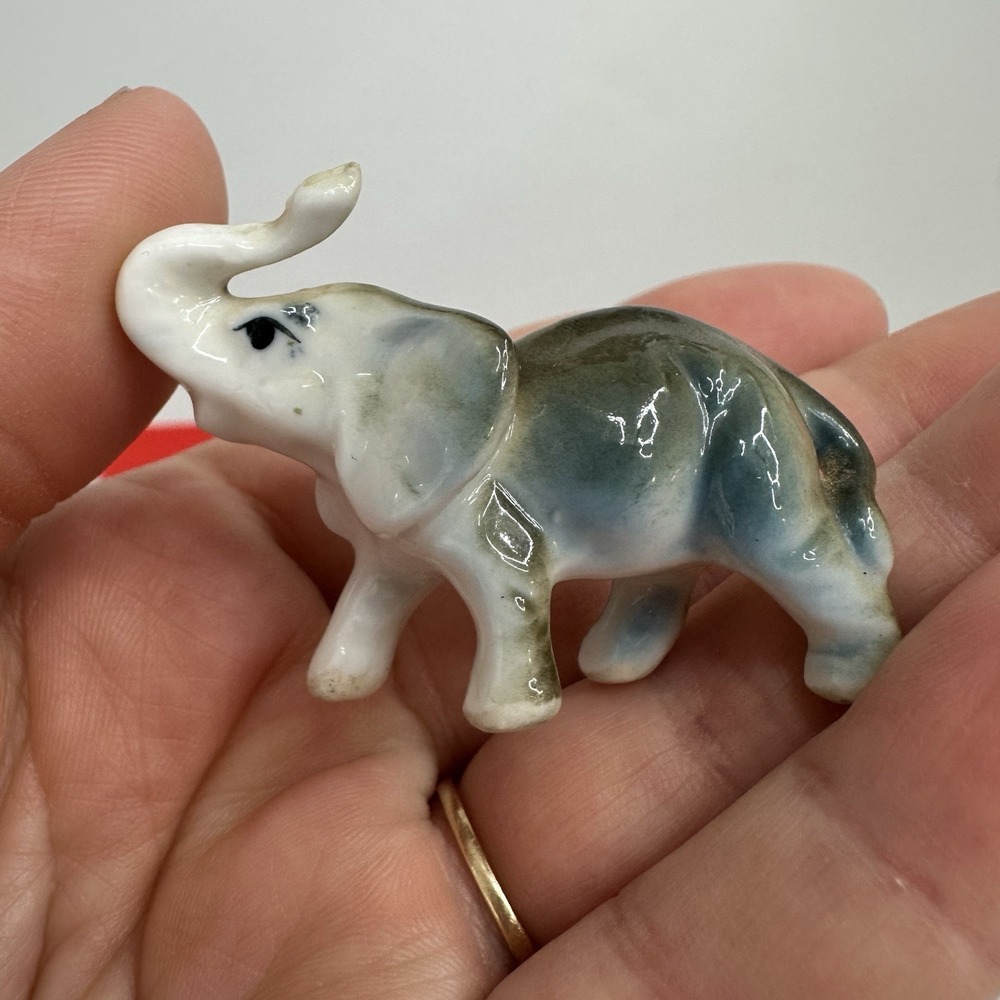 Vintage Ceramic Elephant Trunk Up Gray Lucky Glossy Figurine Miniature Tiny 1"